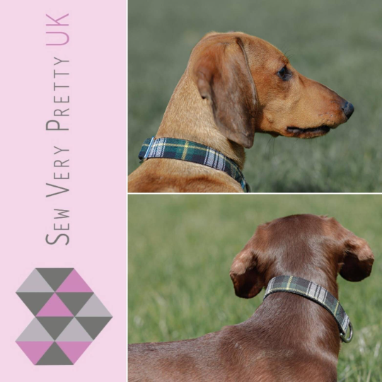 Green tartan collar, lead and bow set