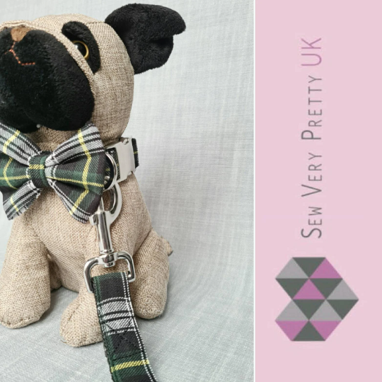 Green tartan collar, lead and bow set
