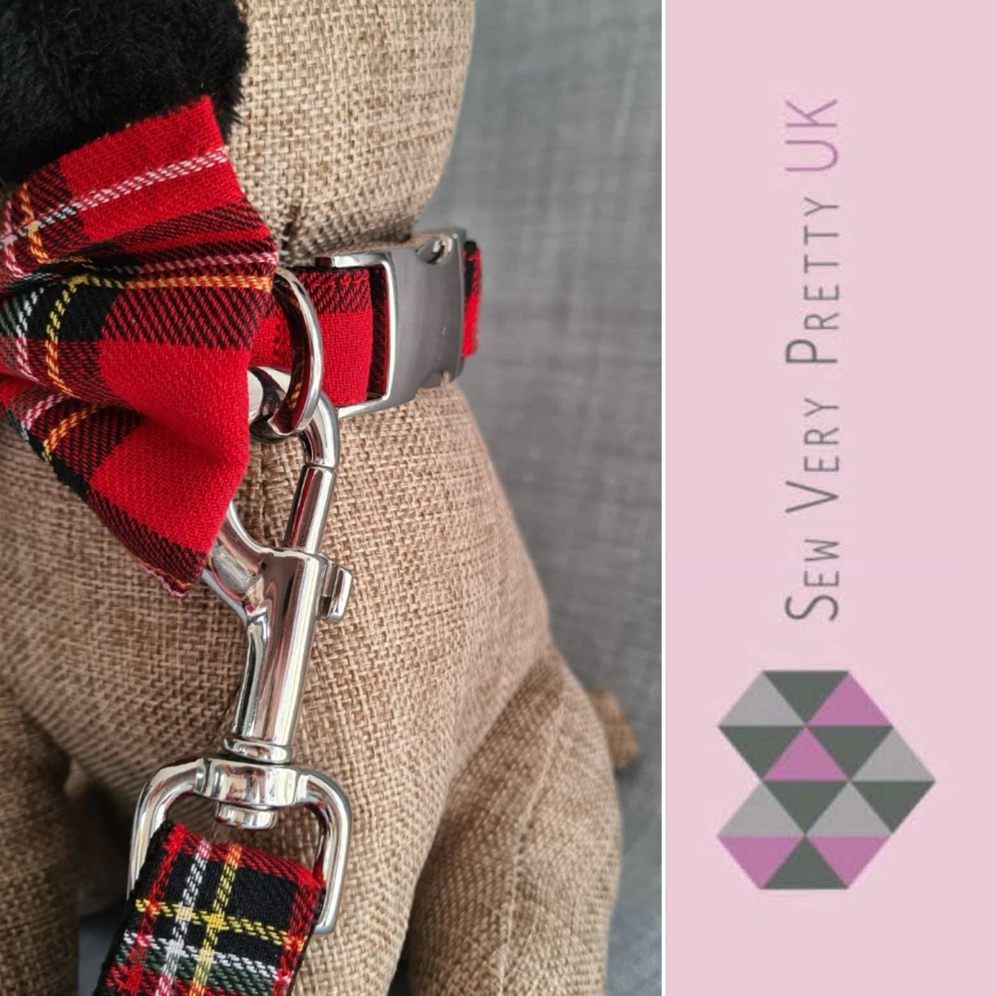 Red tartan collar, lead and bow set
