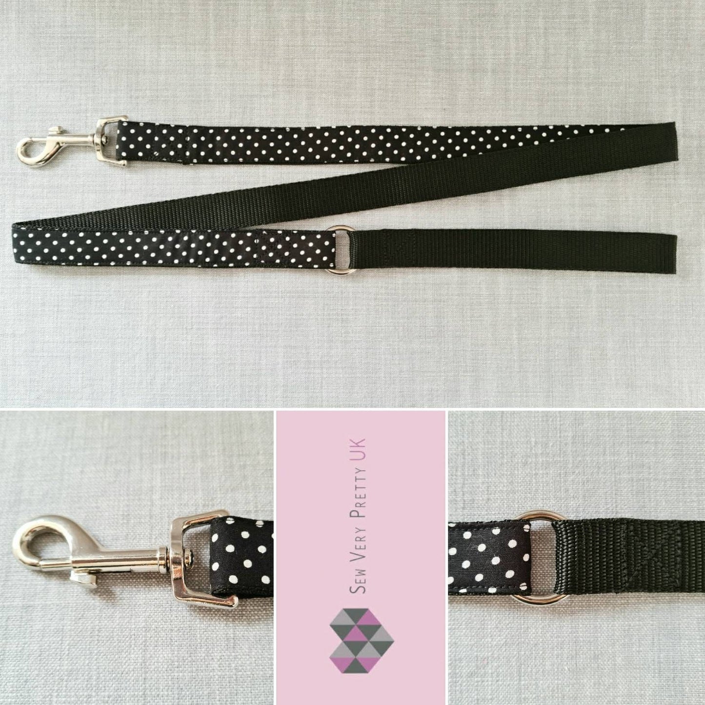 Black and white polka dot collar, lead and bow set