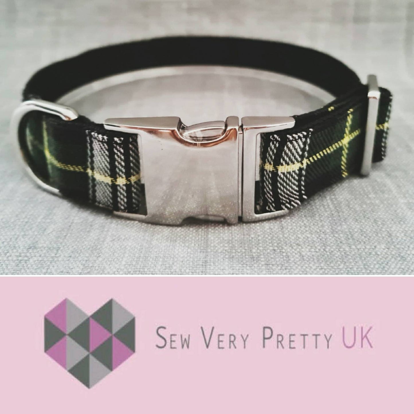 Green tartan collar, lead and bow set
