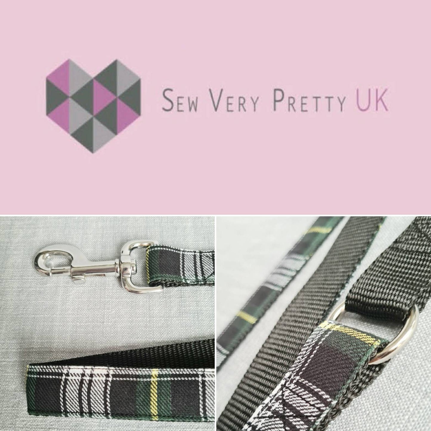 Green tartan collar, lead and bow set