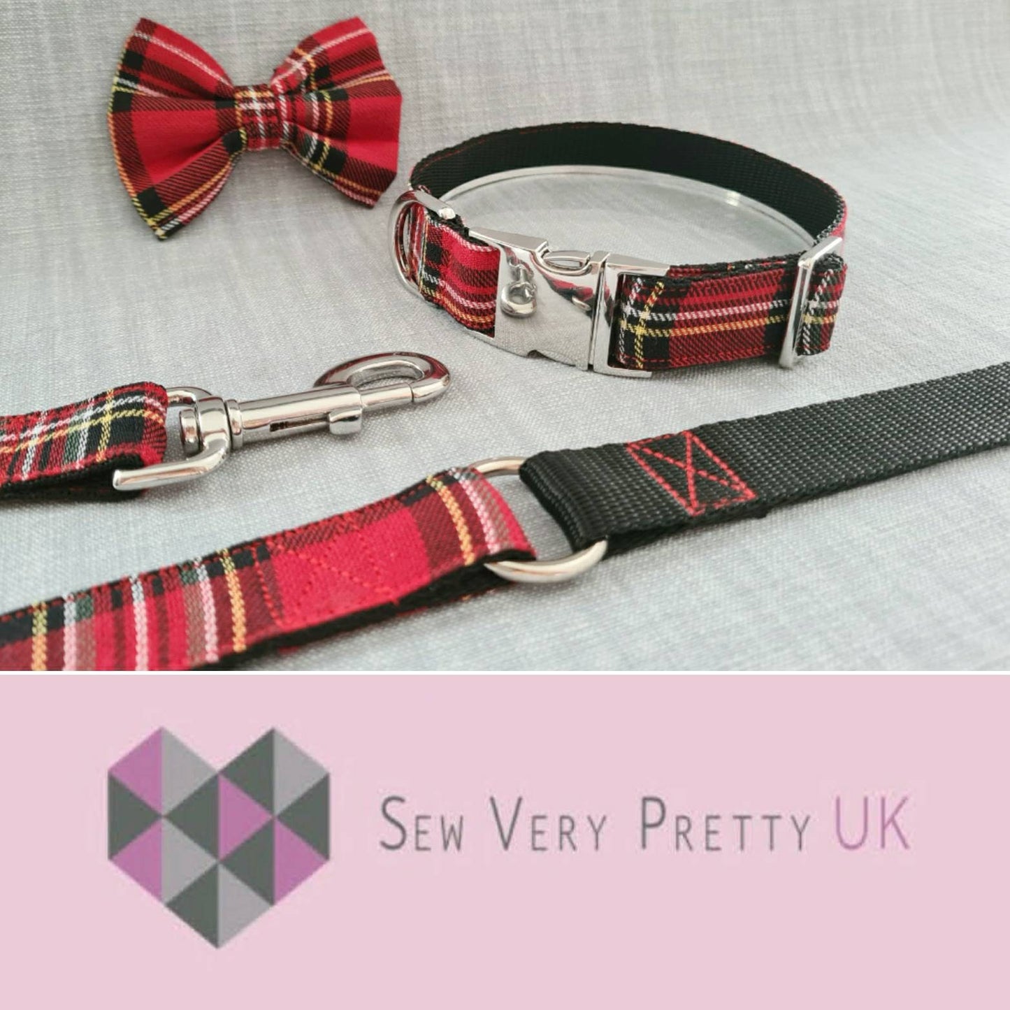 Red tartan collar, lead and bow set
