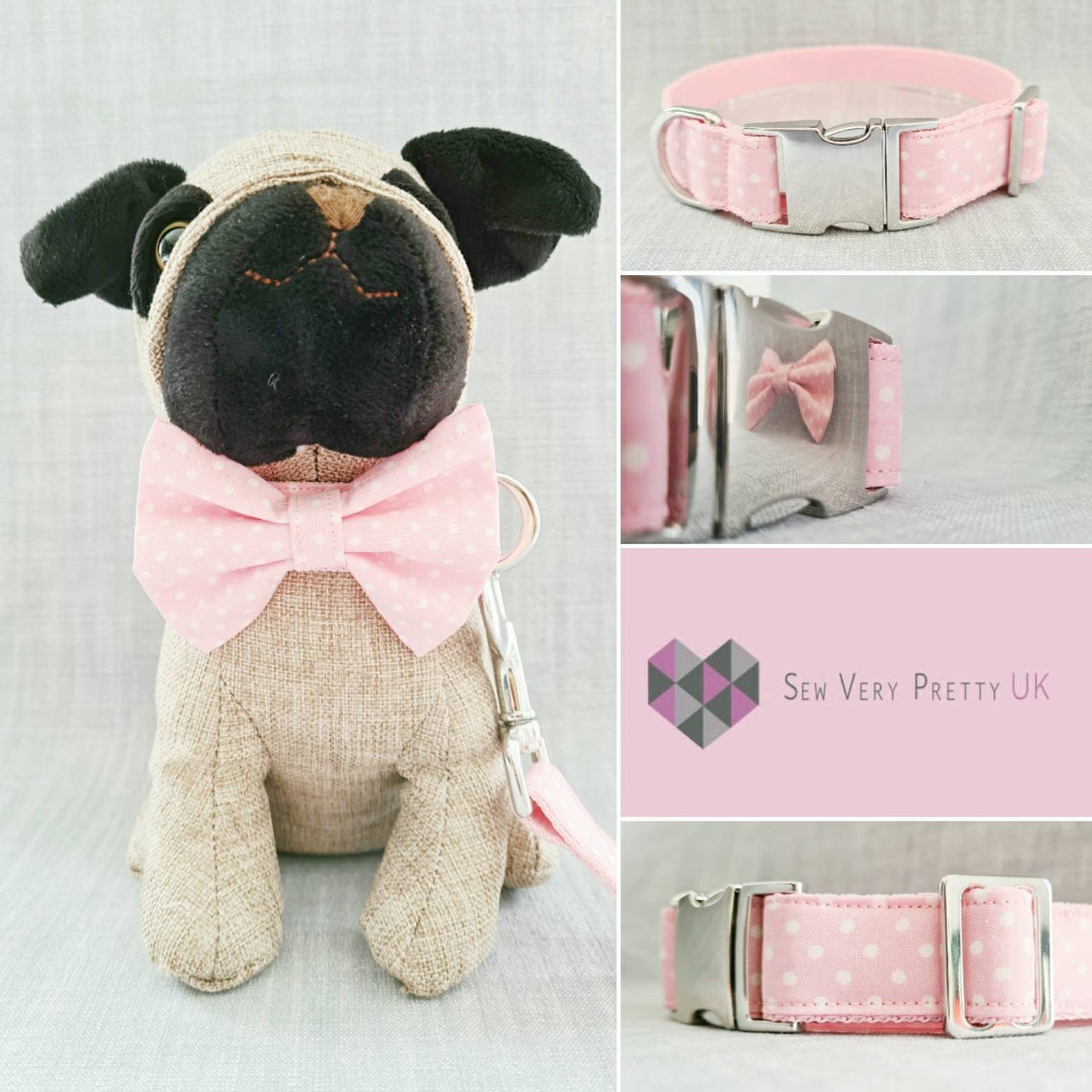 Pink polka dot collar, lead and bow set