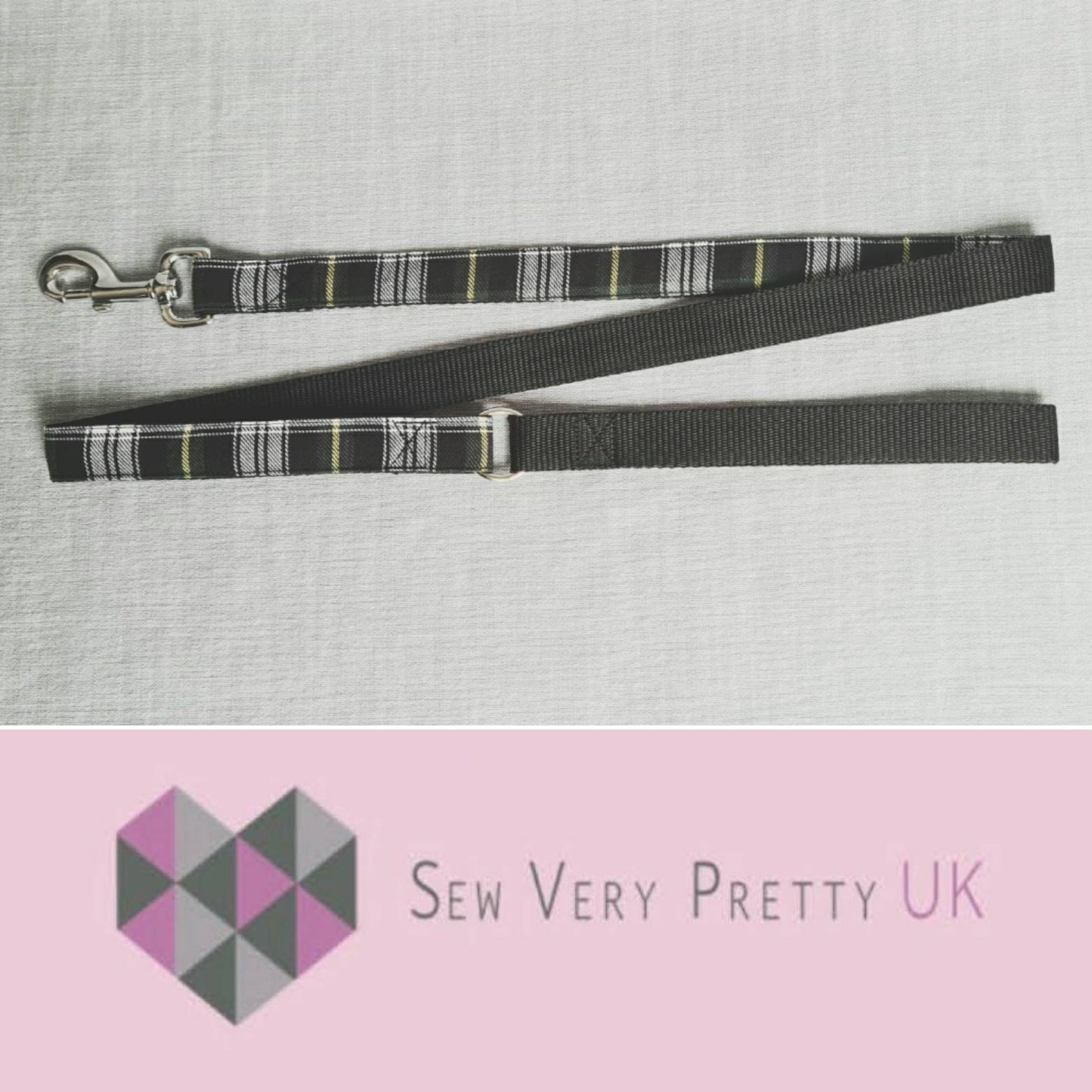 Green tartan collar, lead and bow set