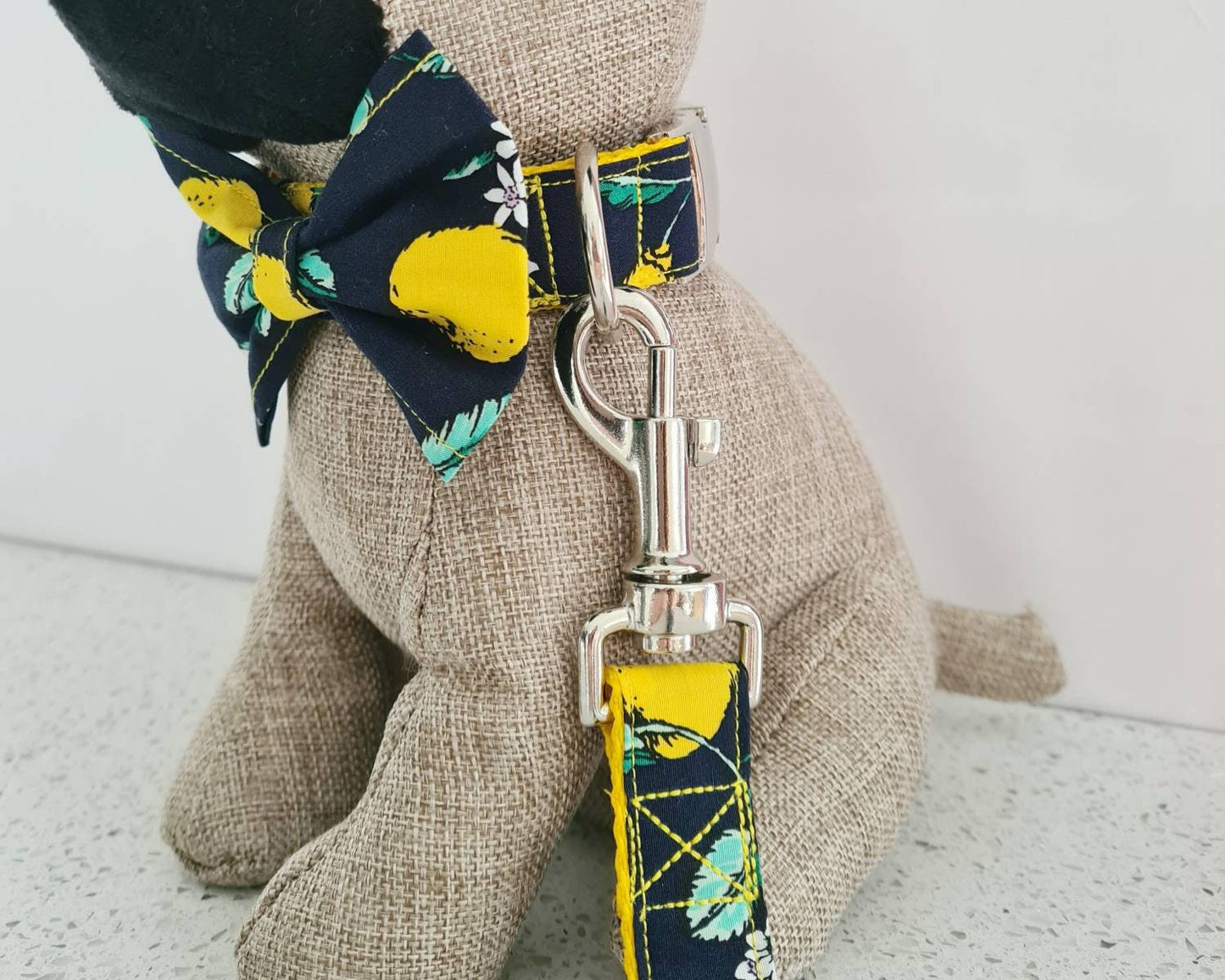 Lemon and navy collar, lead and bow set