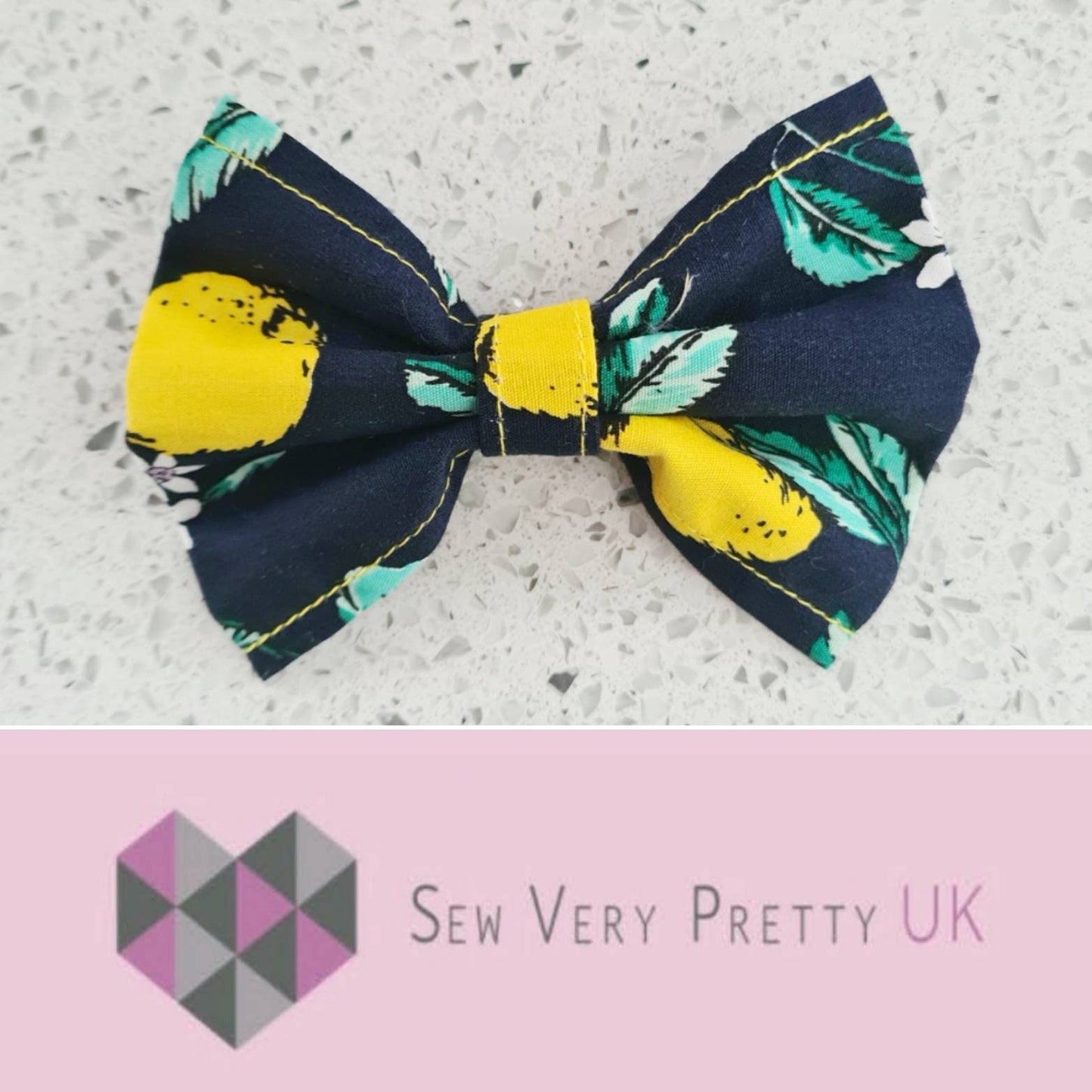 Lemon and navy collar, lead and bow set
