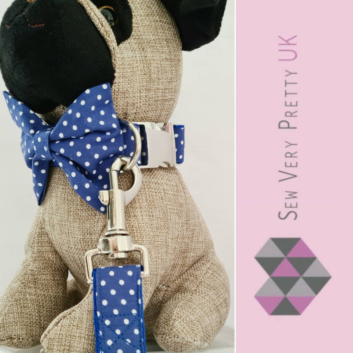 Blue polka dot collar, lead and bow set