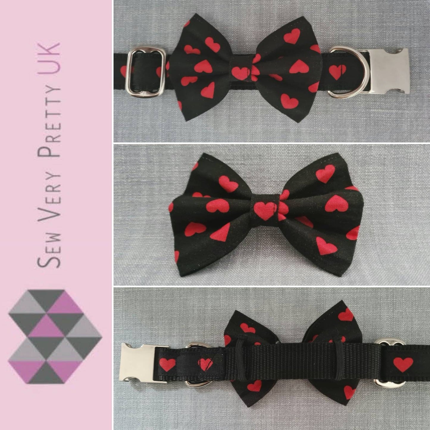 Valentines red hearts love dog collar, lead and dickie bow set, dog gifts