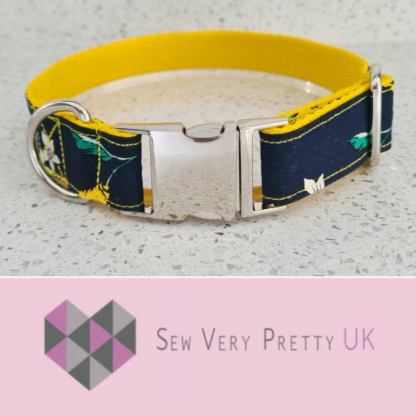 Lemon and navy collar, lead and bow set