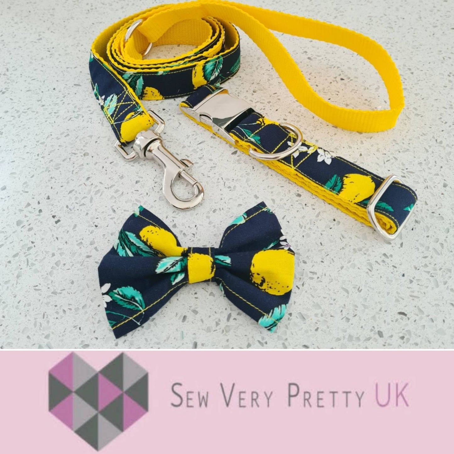 Lemon and navy collar, lead and bow set