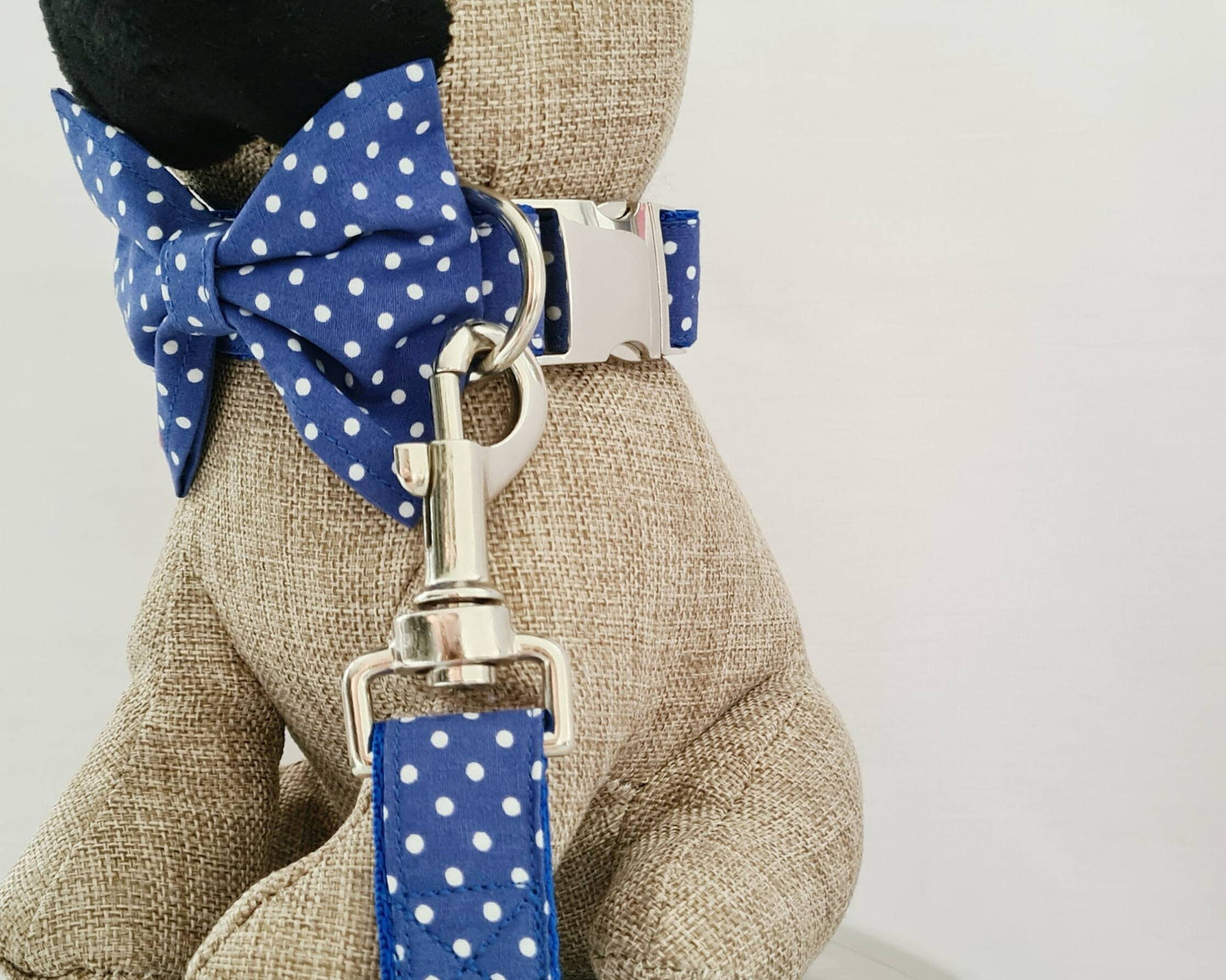 Blue polka dot collar, lead and bow set