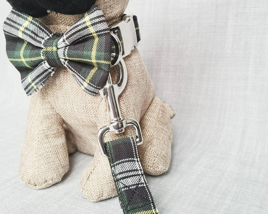 Green tartan collar, lead and bow set