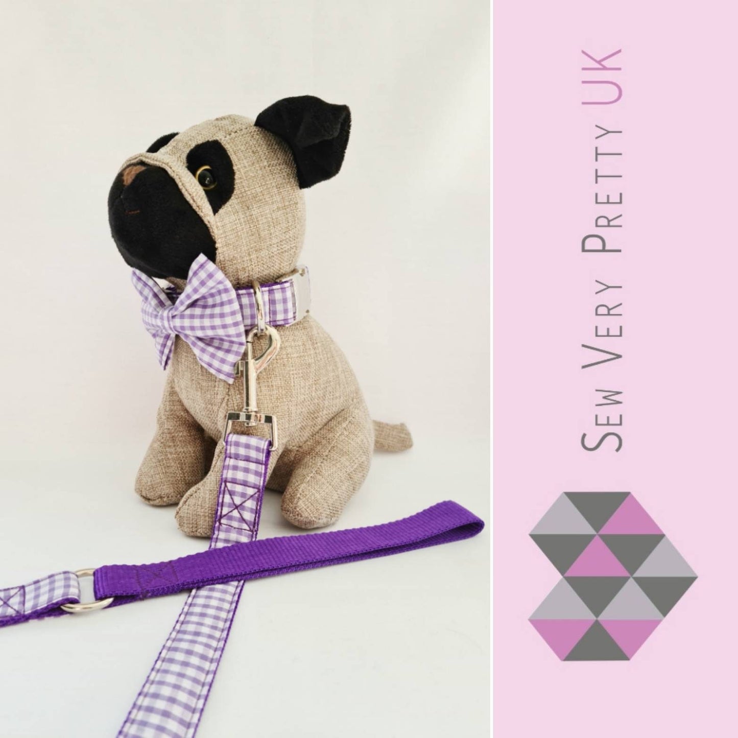 Purple gingham collar, lead and bow set