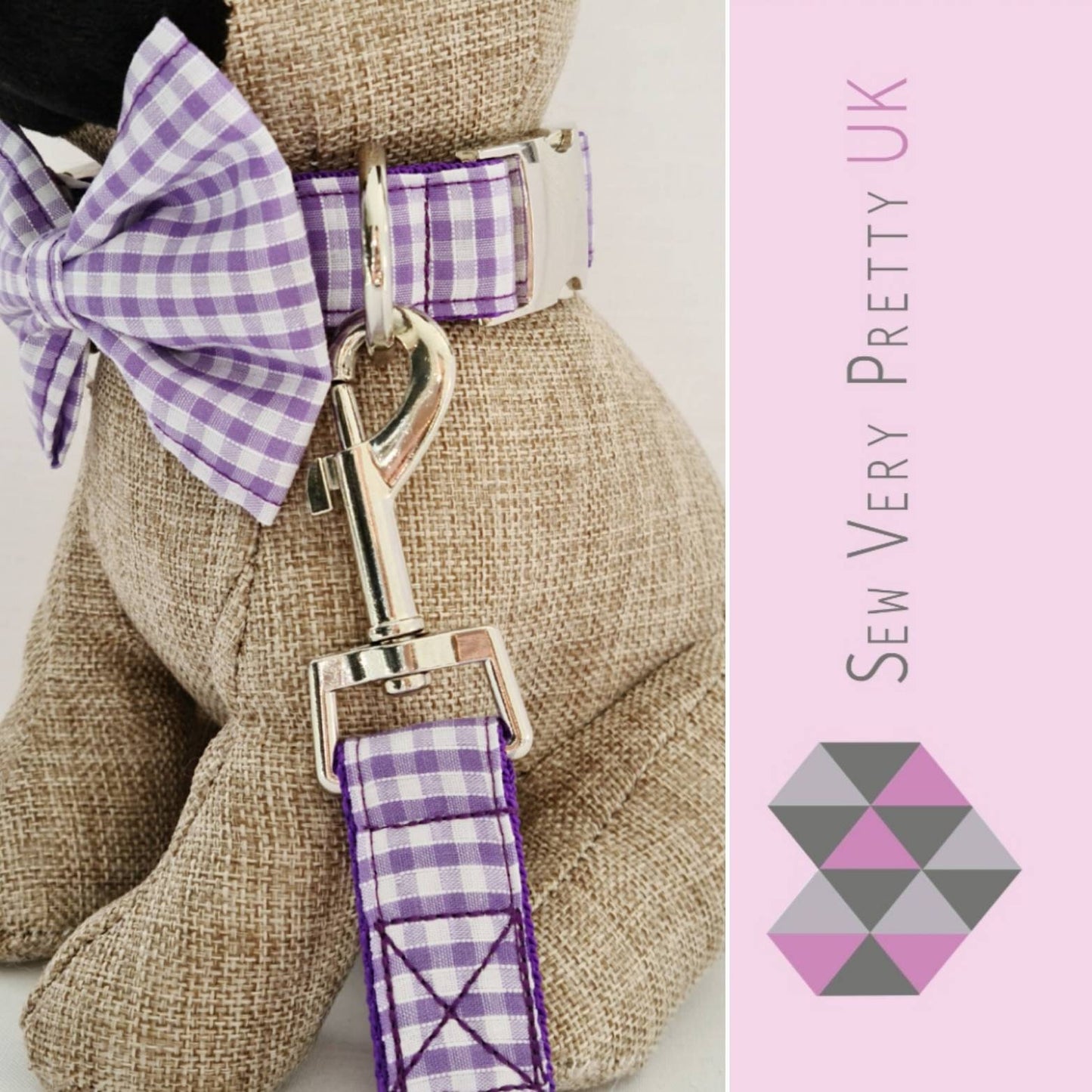 Purple gingham collar, lead and bow set