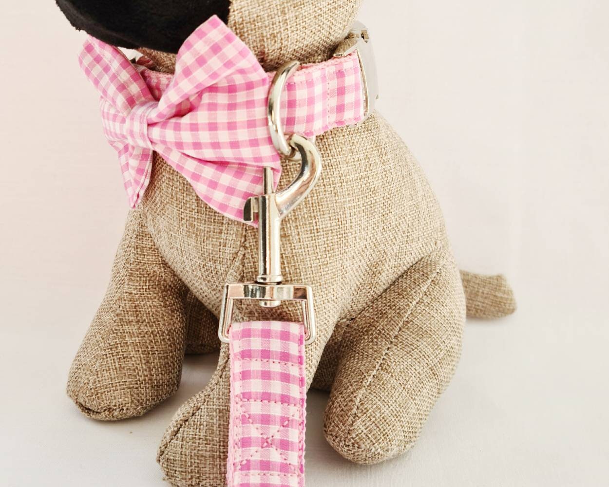 Pink gingham collar, lead and bow set