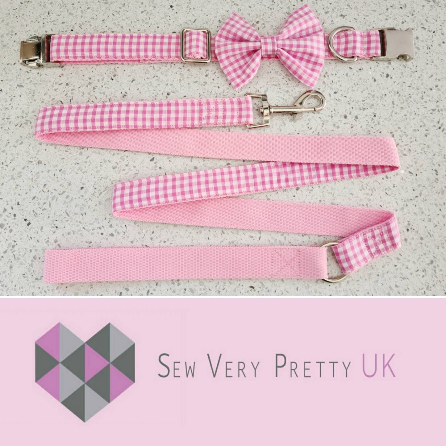 Pink gingham collar, lead and bow set