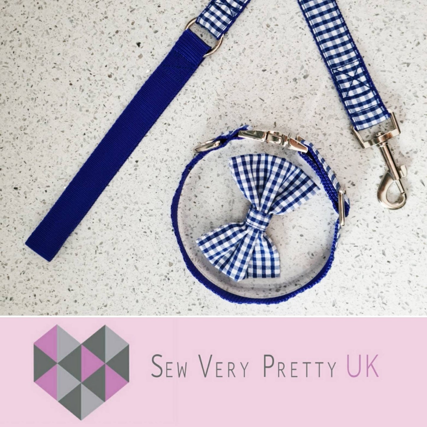 Blue gingham collar, lead and bow set
