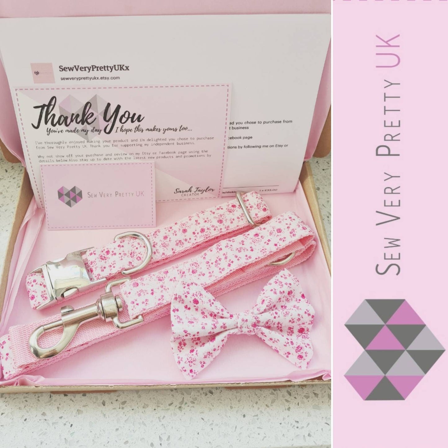 Pink floral collar, lead and bow set