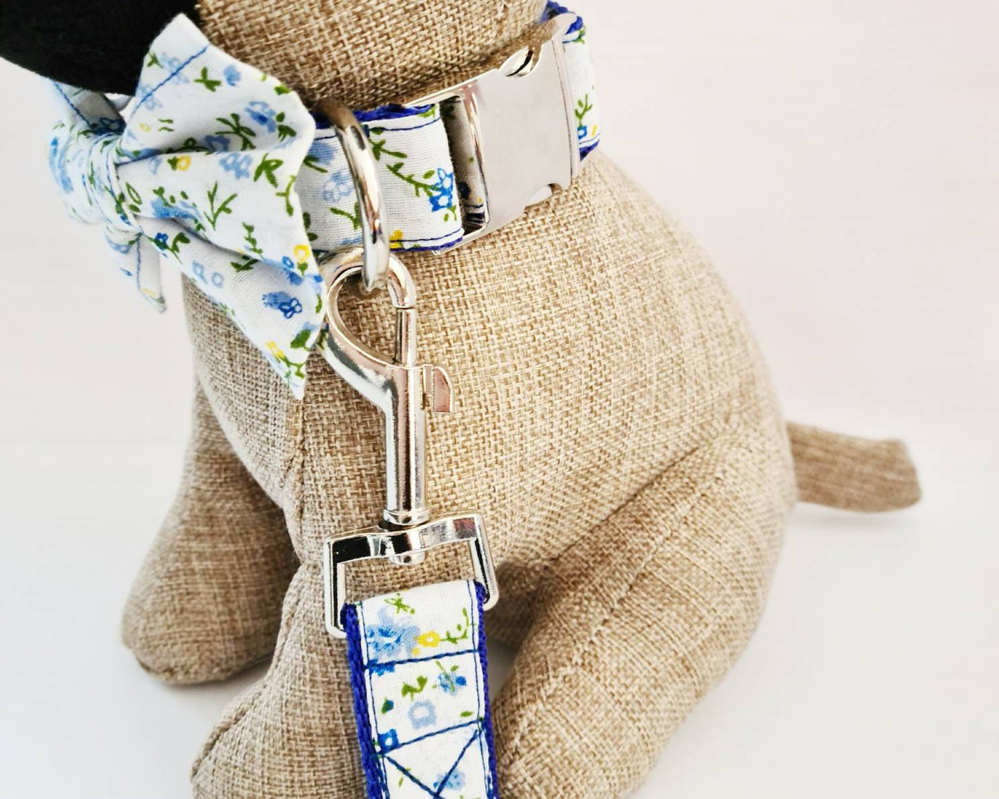 Blue floral collar, lead and bow set