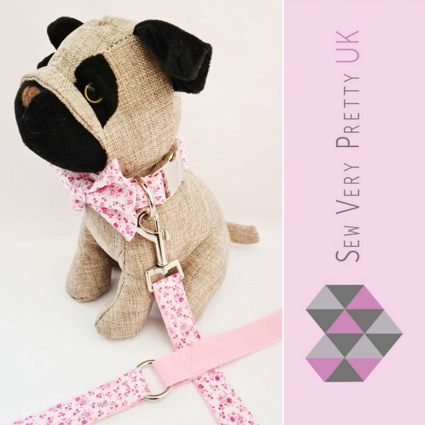 Pink floral collar, lead and bow set