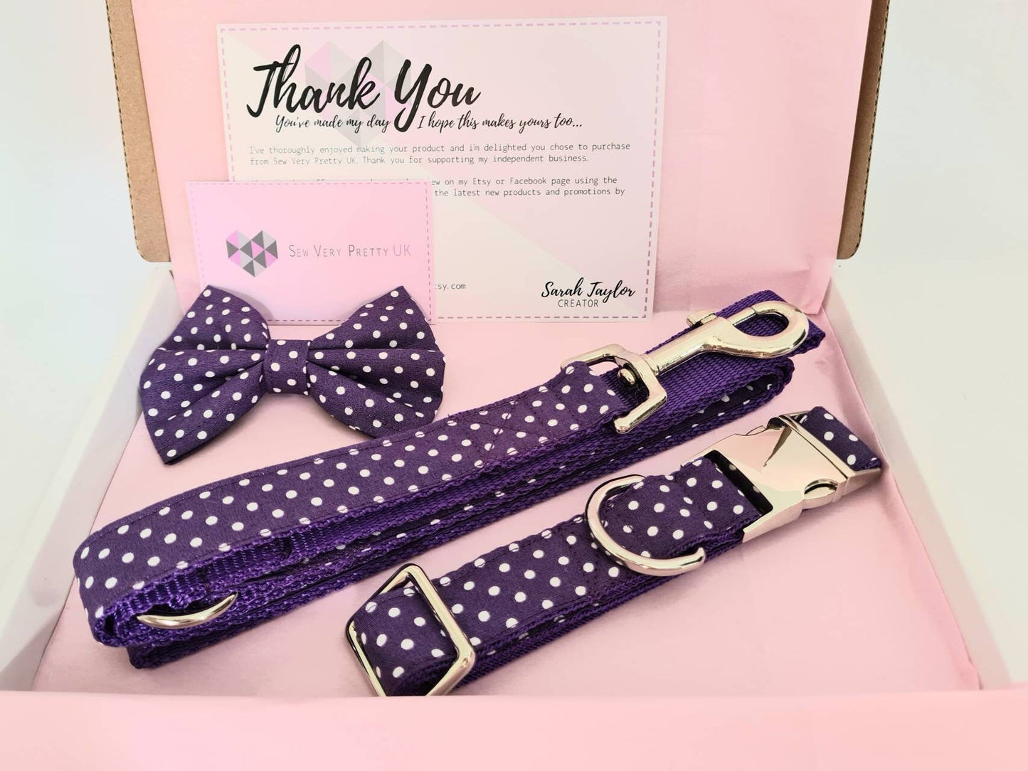 Purple polka dot collar, lead and bow set