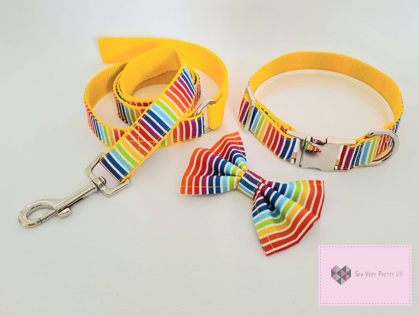 Rainbow stripe collar, lead and bow set