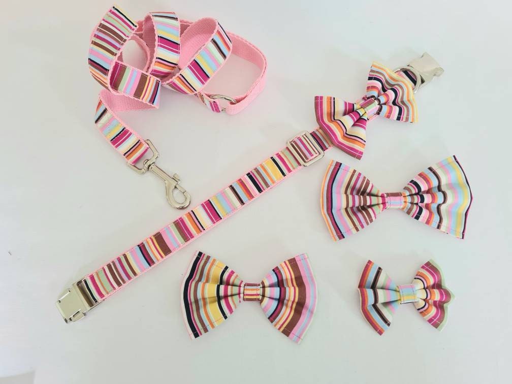 Pink stripe collar, lead and bow set