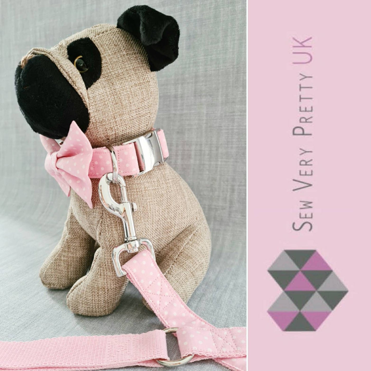 Pink polka dot collar, lead and bow set