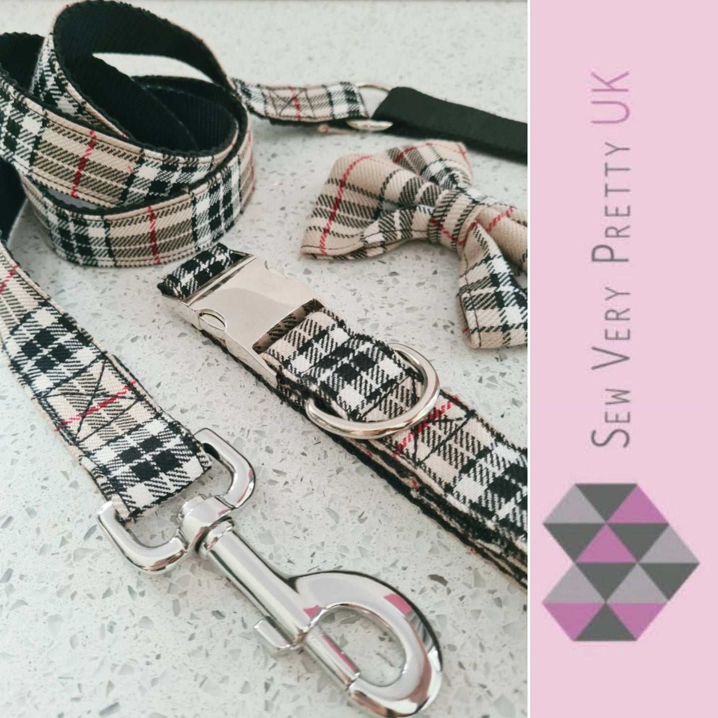 Beige tartan collar, lead and bow set