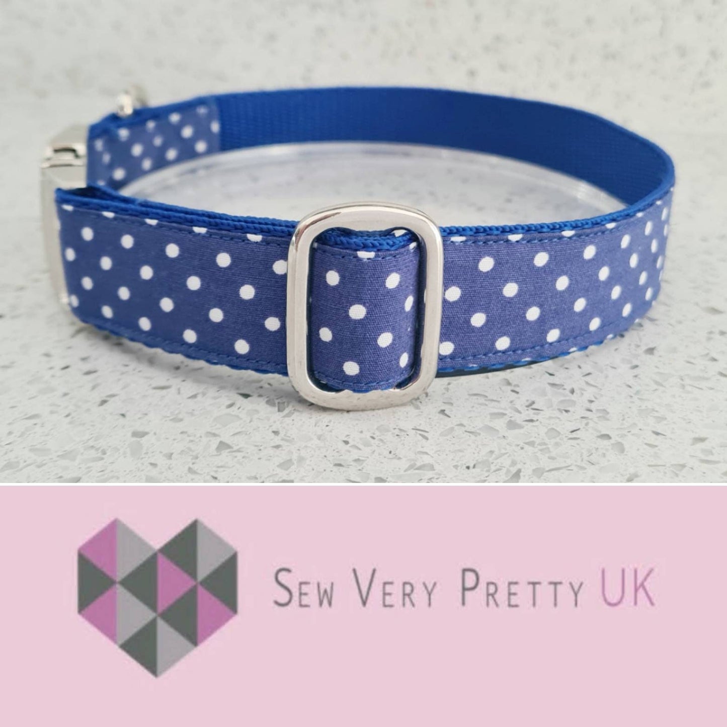 Blue polka dot collar, lead and bow set