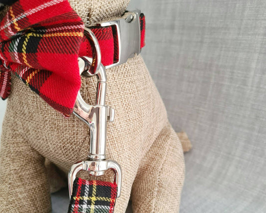 Red tartan collar, lead and bow set