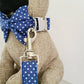 Blue polka dot collar, lead and bow set