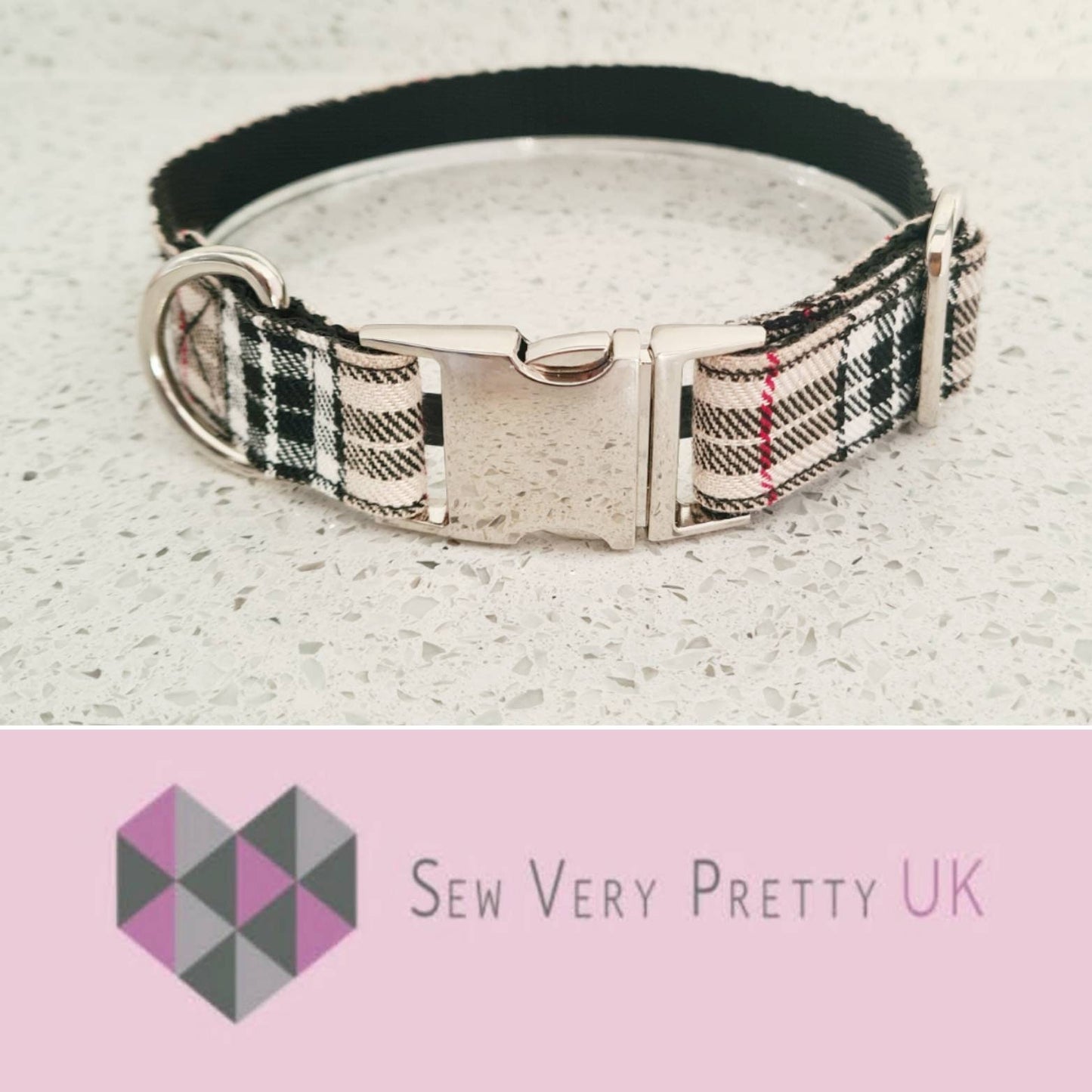 Beige tartan collar, lead and bow set