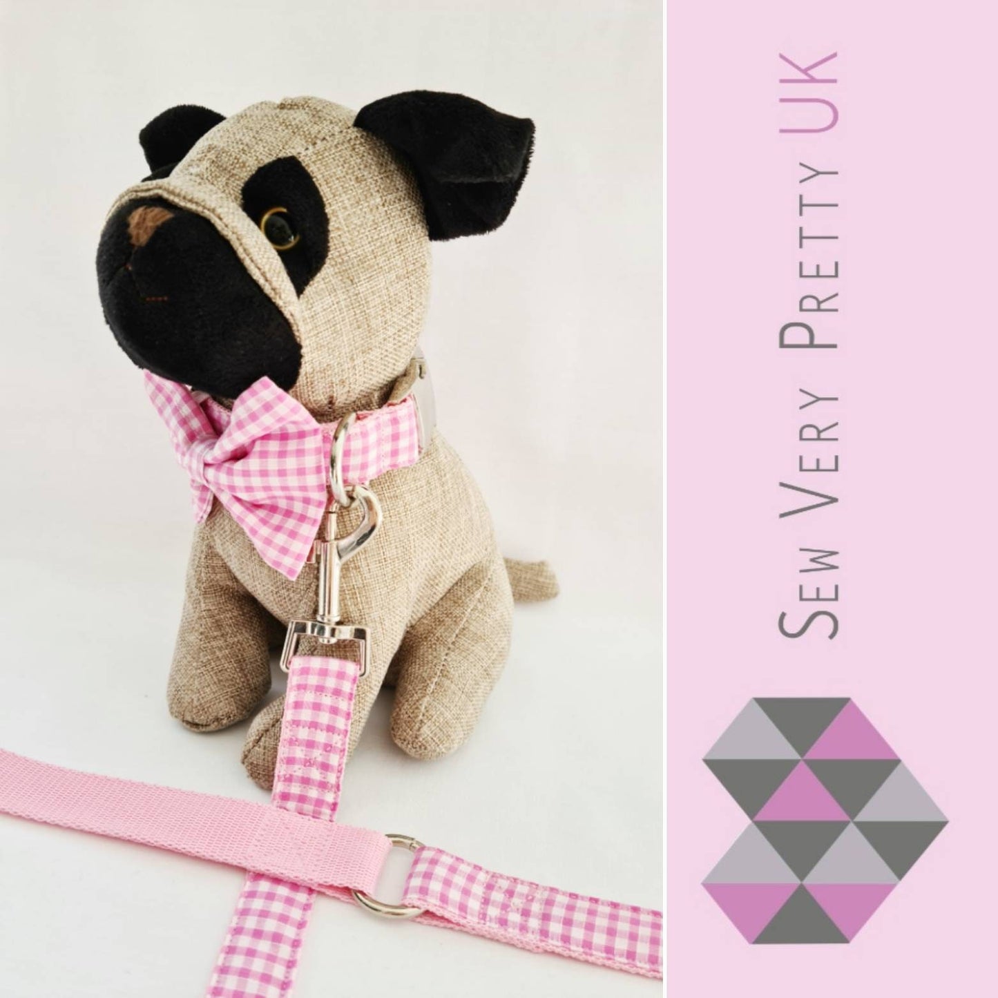 Pink gingham collar, lead and bow set