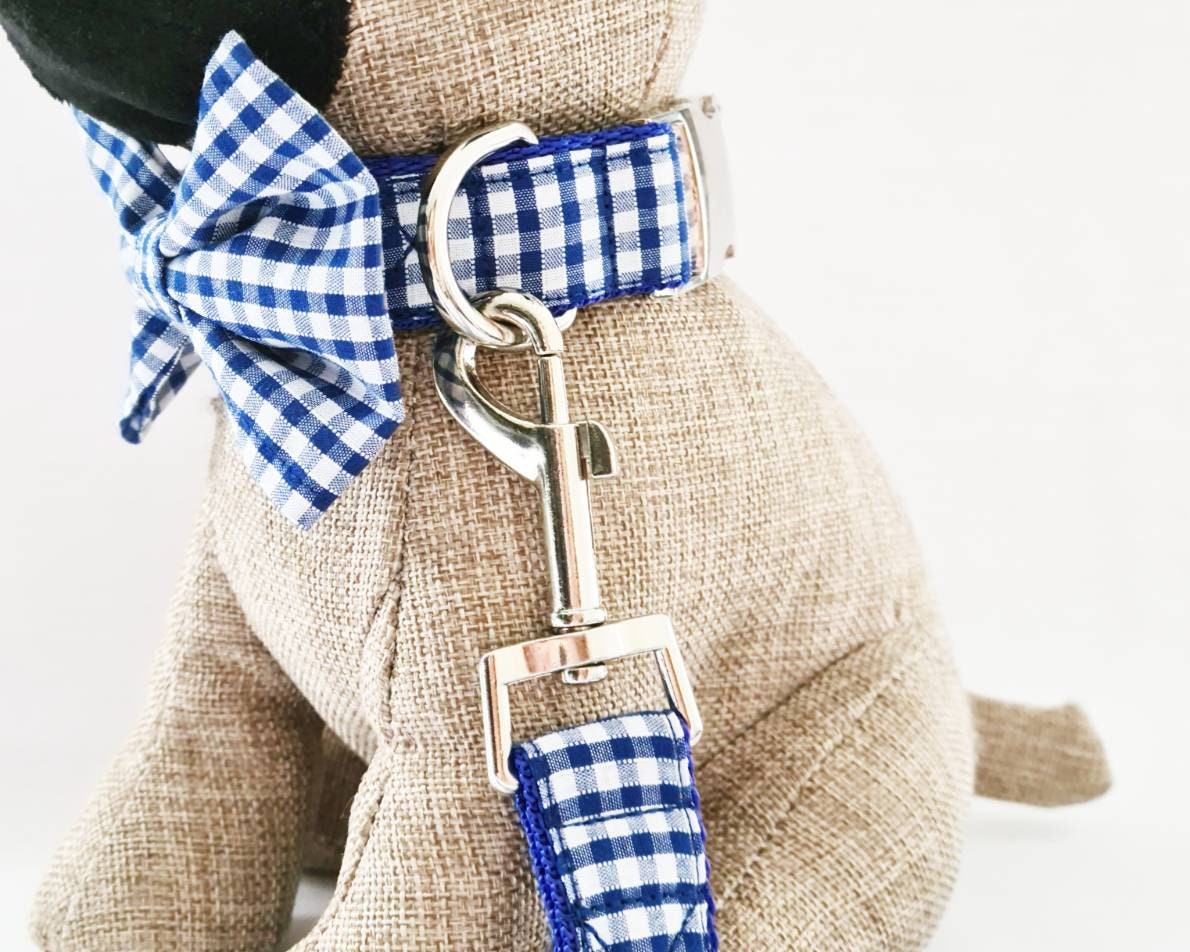 Blue gingham collar, lead and bow set