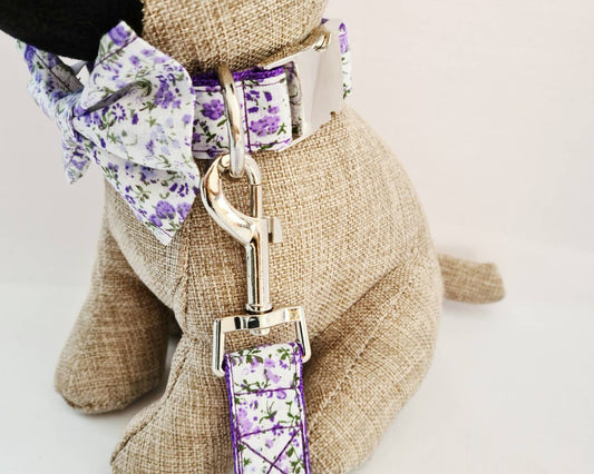 Purple floral collar, lead and bow set