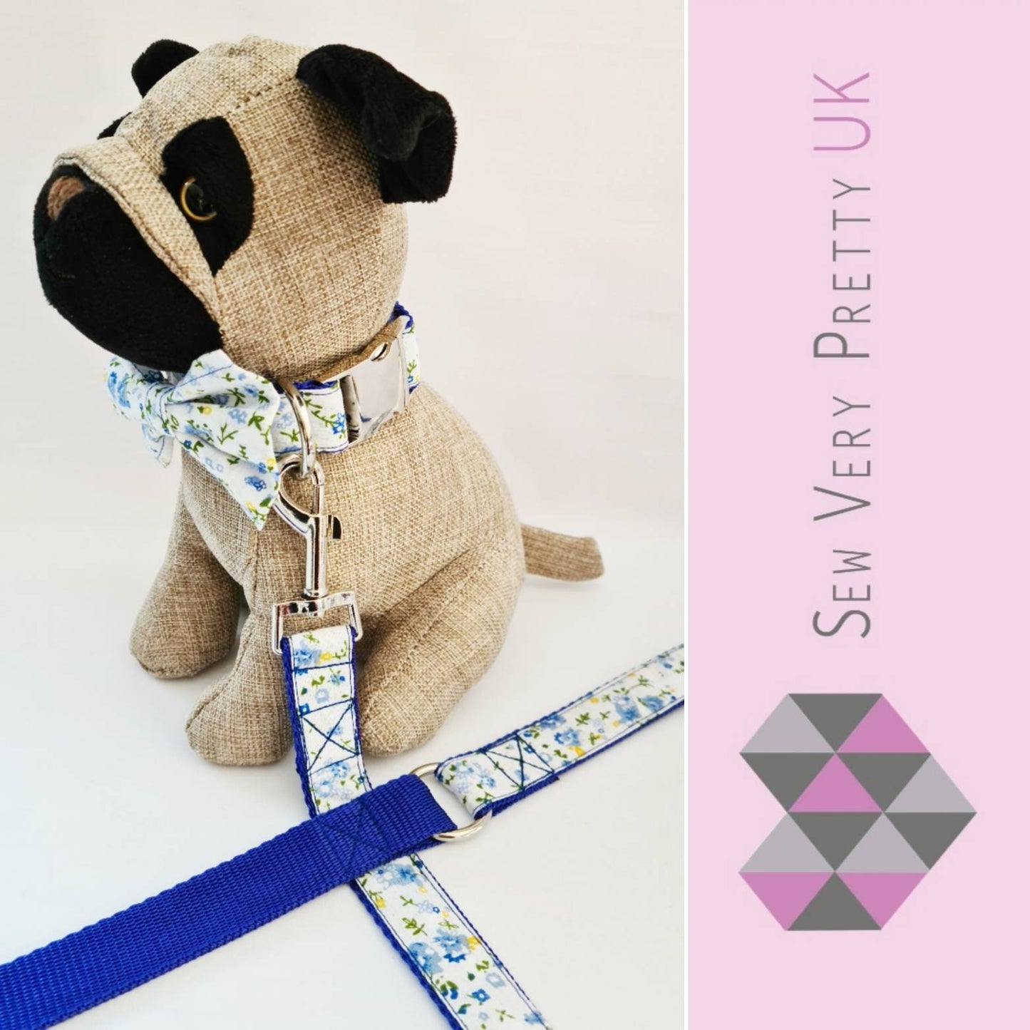 Blue floral collar, lead and bow set