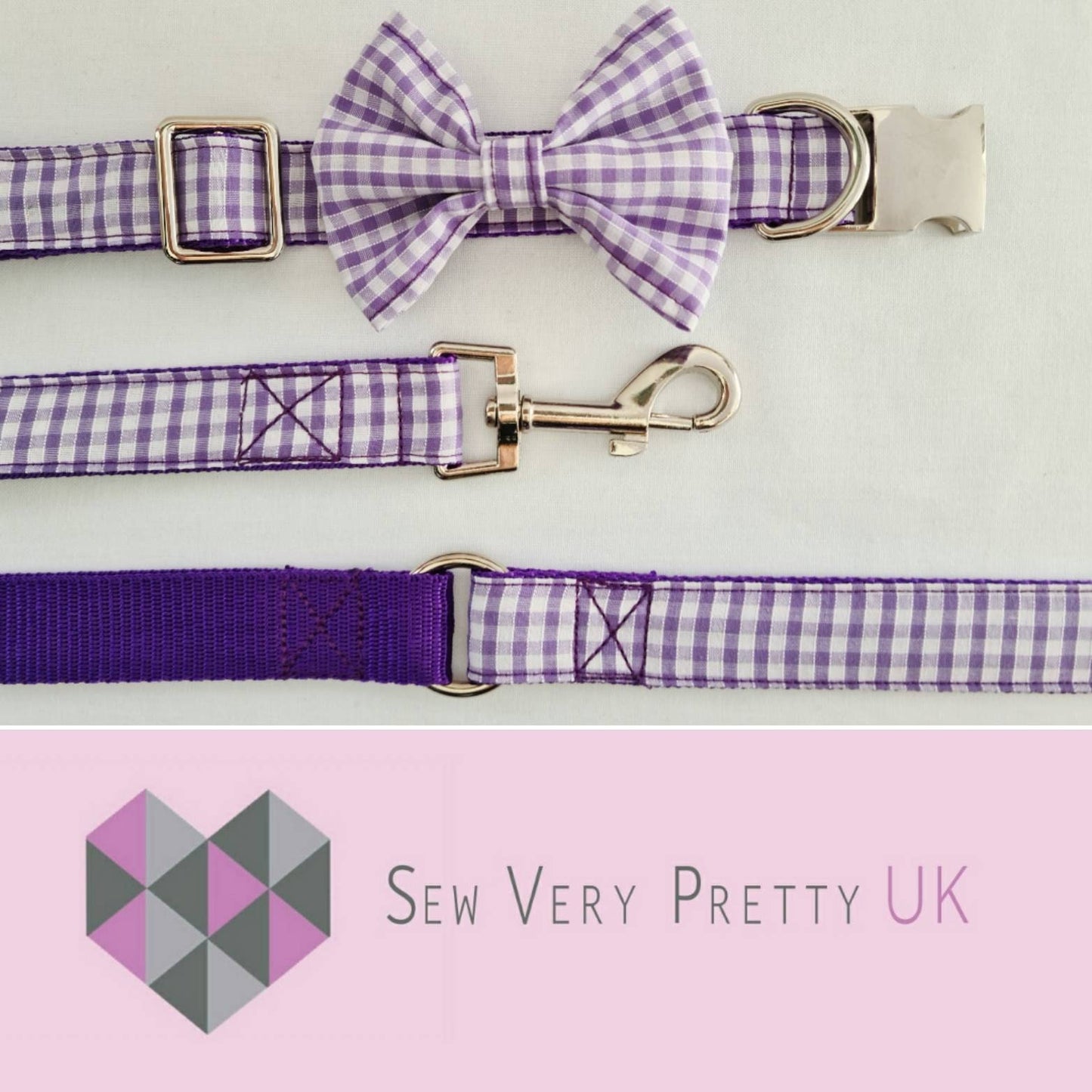 Purple gingham collar, lead and bow set