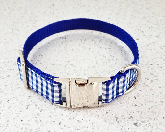 Blue gingham dog collar