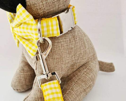 Yellow gingham collar, lead and bow set