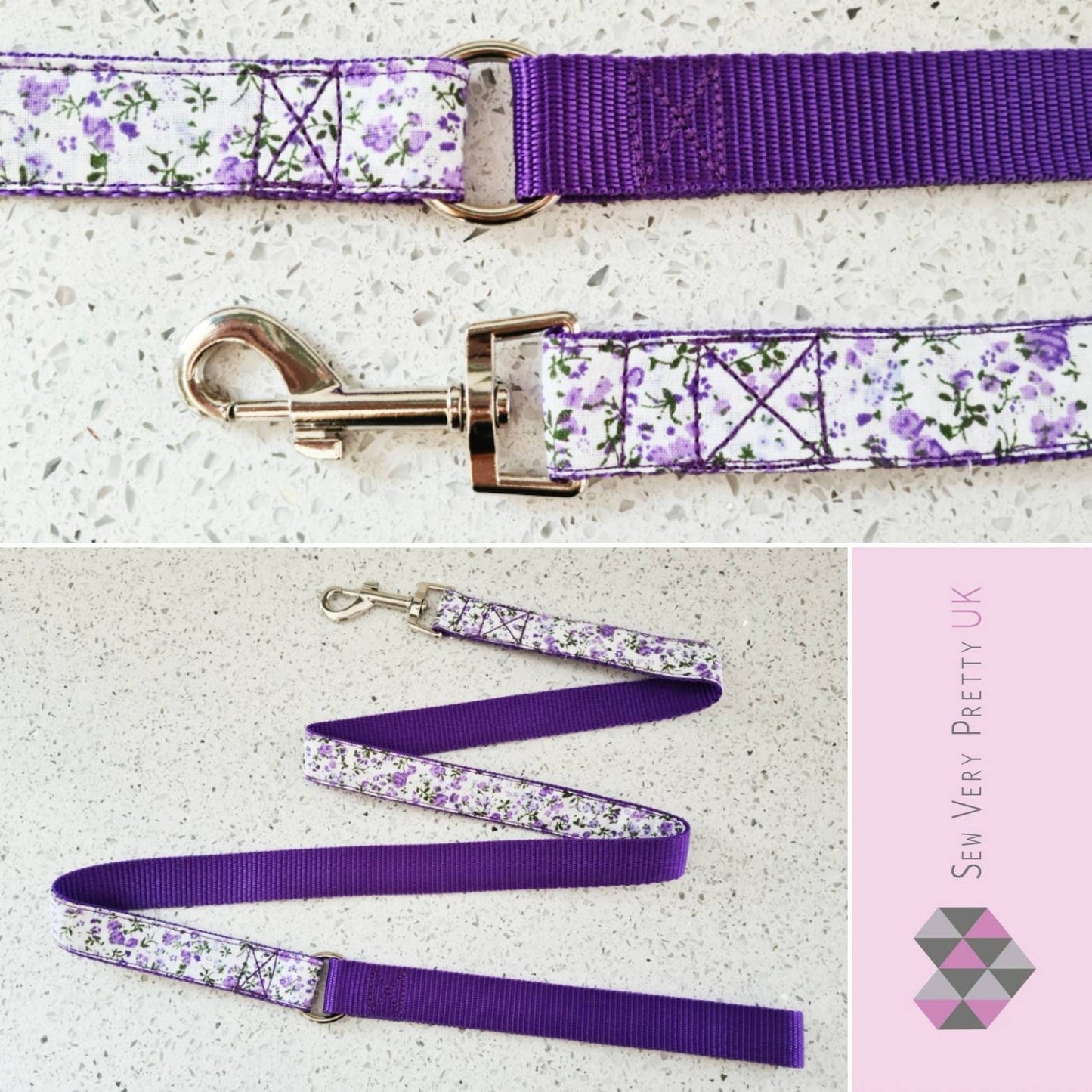 Purple floral collar, lead and bow set