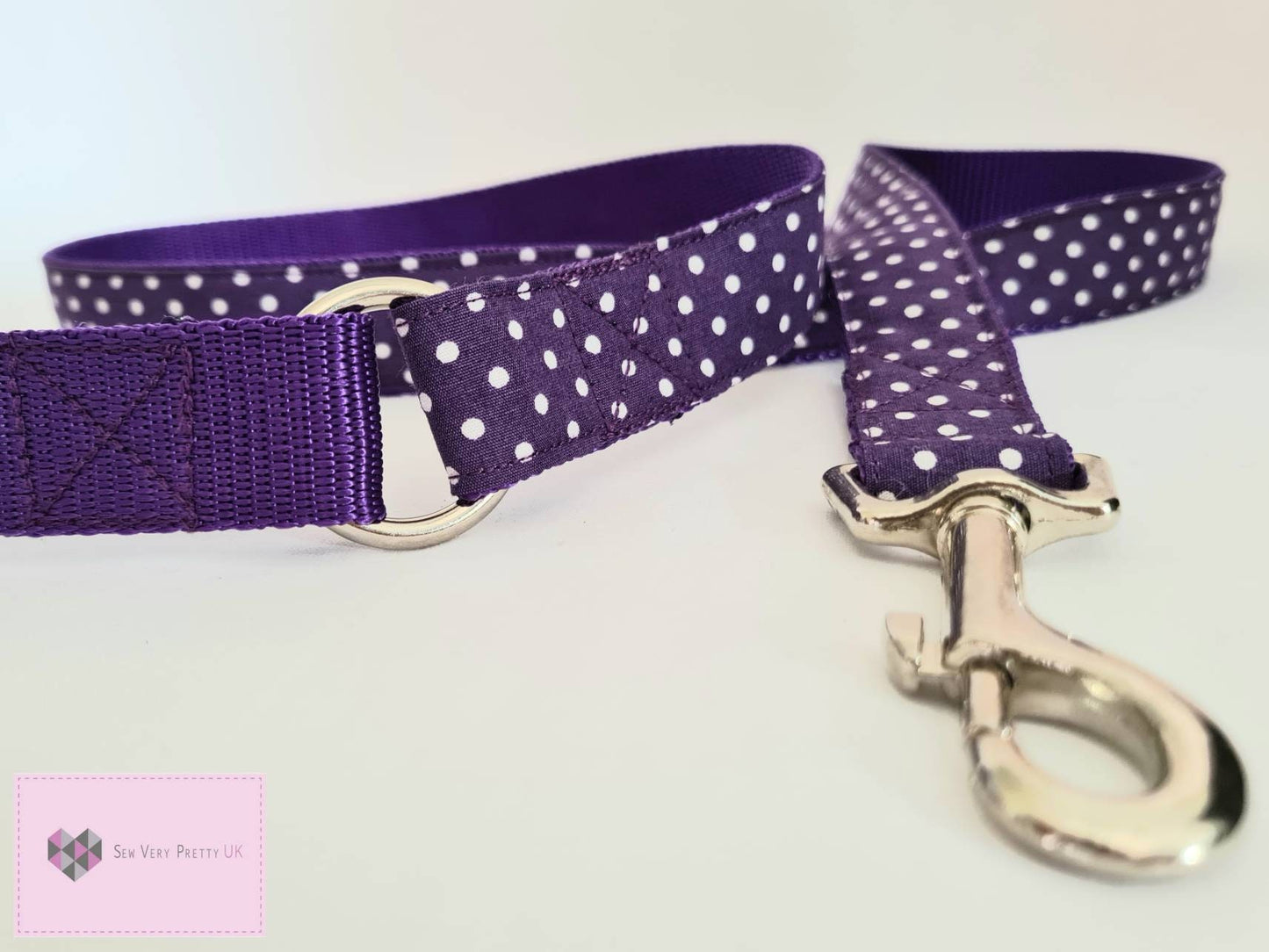 Purple polka dot collar, lead and bow set