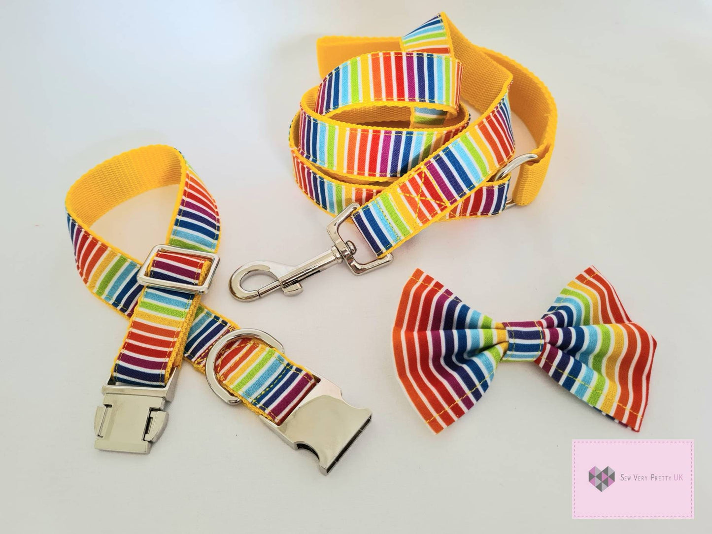 Rainbow stripe collar, lead and bow set