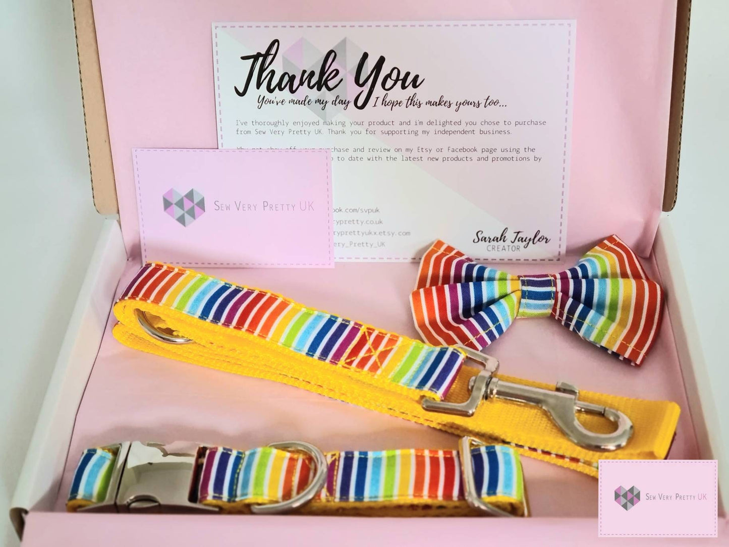 Rainbow stripe collar, lead and bow set