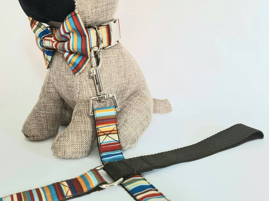 Blue stripe collar, lead and bow set