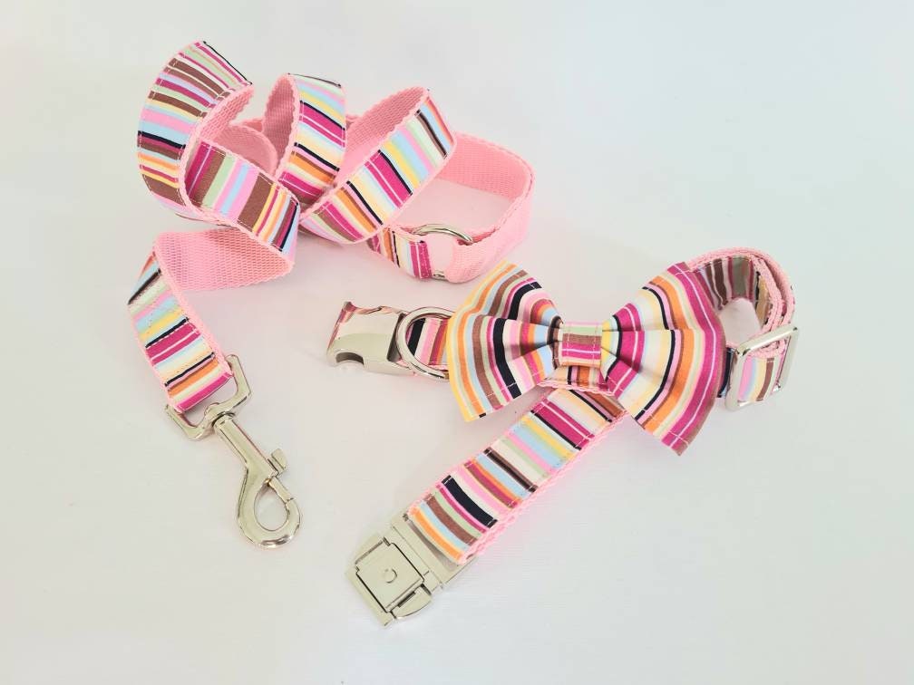 Pink stripe collar, lead and bow set